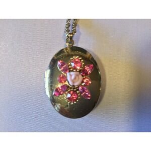 Vintage Locket Gold Tone Pink Rhinestones Light Pink Rose